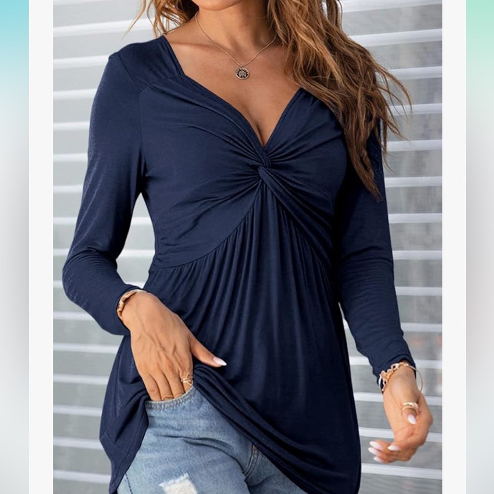 Long Sleeve V-Neck Front Knotted Blouse
